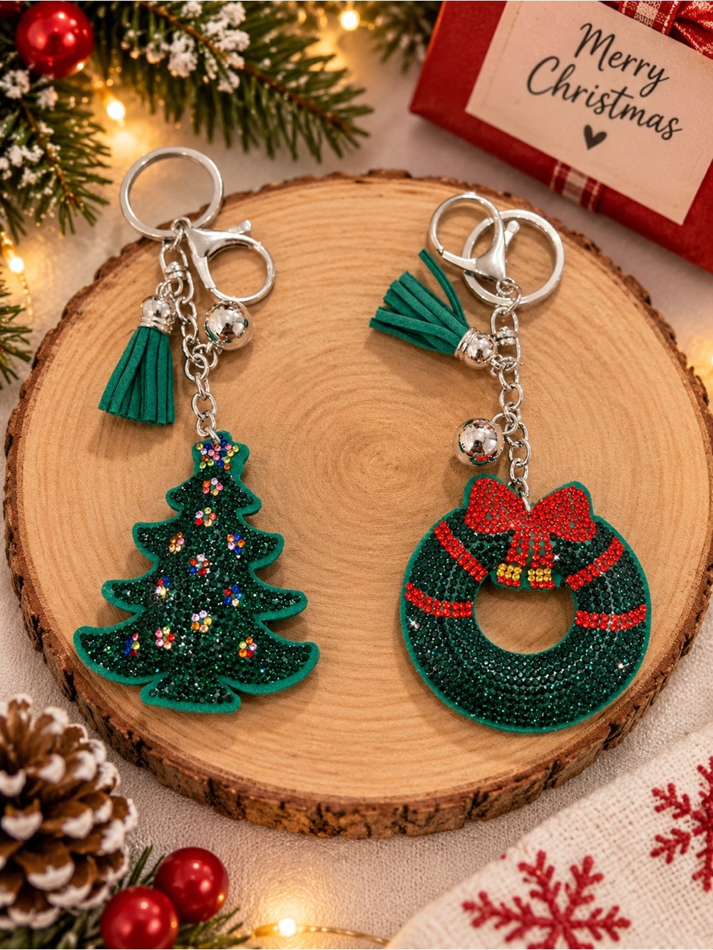 Festive Green Christmas Tree & Wreath Keychain Set - Unbranded